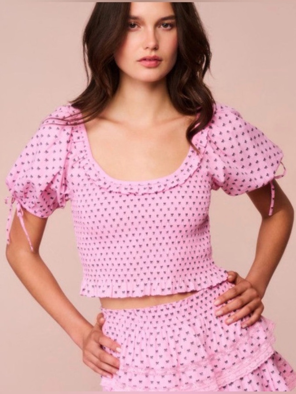 NWOT Loveshack Fancy Pink Smocked Puff-Sleeve Crop Top